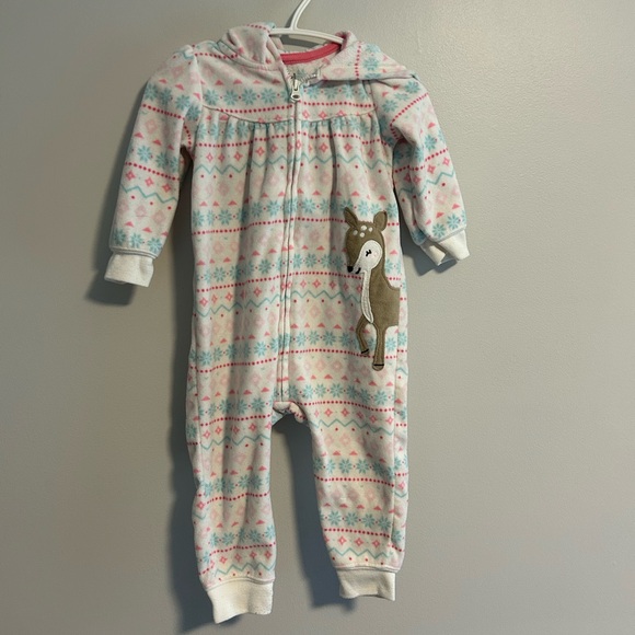 Carter's 12m Pink and Blue Aztec deer zip up hooded fleece sweater romper - Picture 1 of 4